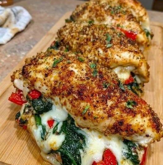 High-Protein Roasted Red Pepper Spinach Stuffed Chicken