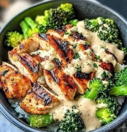 Easy Grilled Chicken and Broccoli Rice Bowl with Garlic Parmesan Cream Sauce