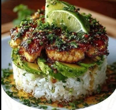 Honey Lime Chicken and Avocado Rice Stack