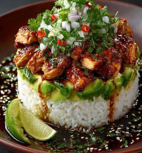 Zesty Honey Lime Chicken and Avocado Rice Stack Recipe
